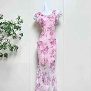 LoveShackFancy Silk Pink Floral Midi Dress